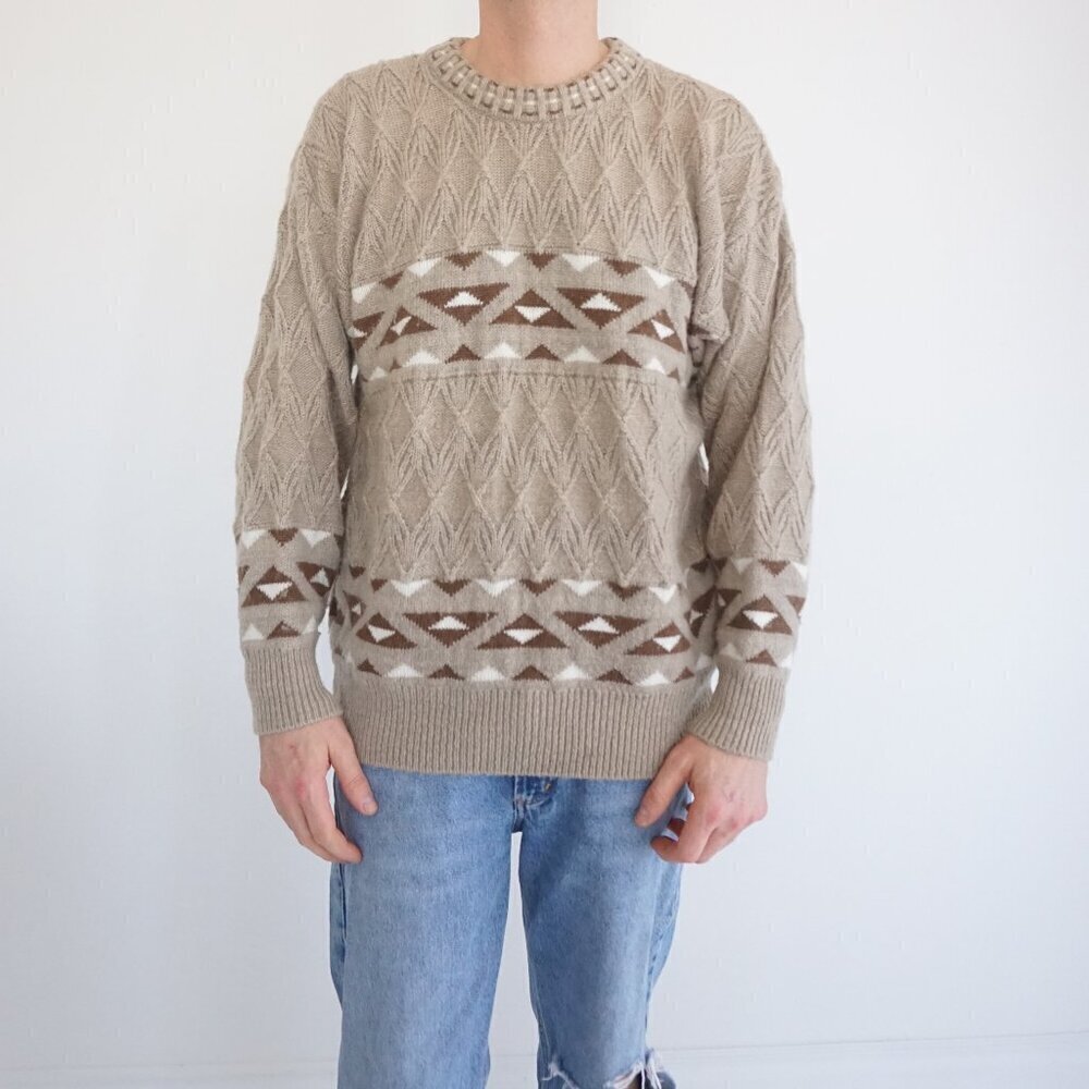 Vintage '90S Tosani Tan Brown 3D Eclectic 30% Wool Crewneck Knit Sweater Large